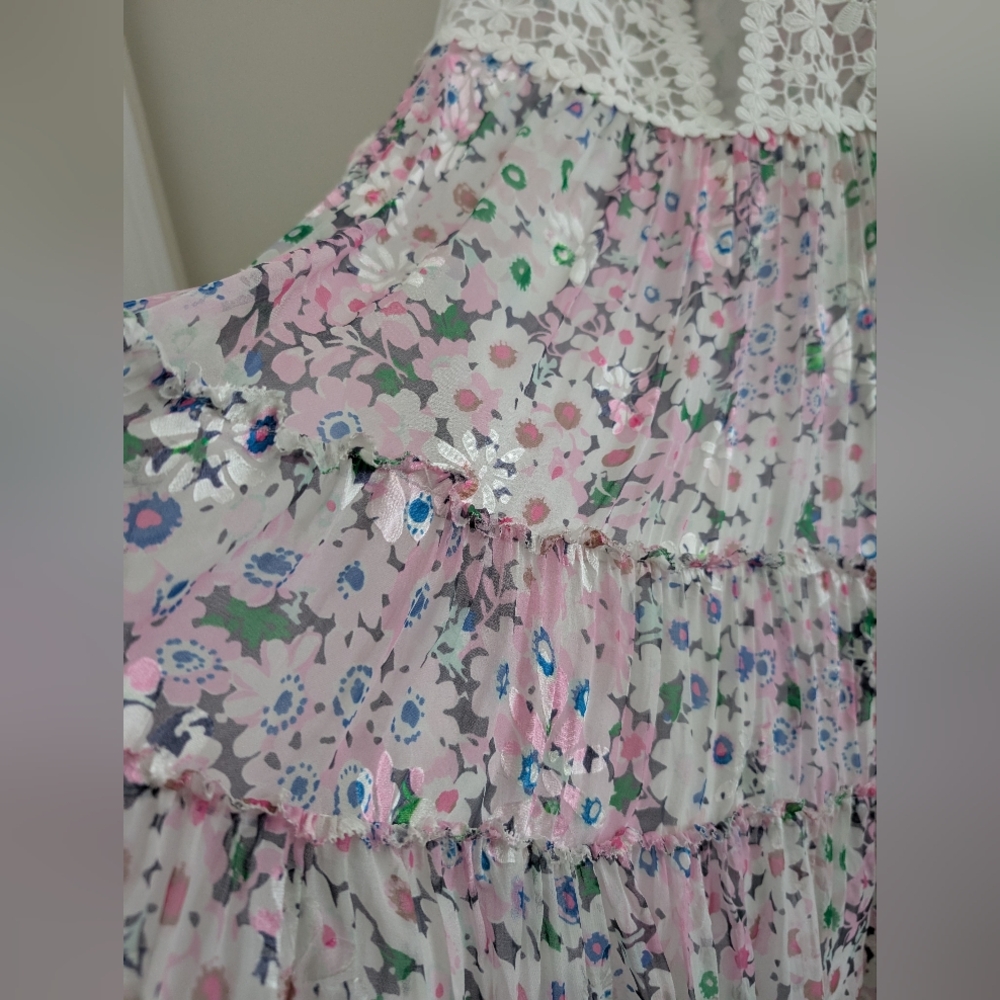 KATE SPADE Silk Lace Devore Blouse WOMEN'S L Pink Daisy Floral Romantic Ruffles - Picture 14 of 16